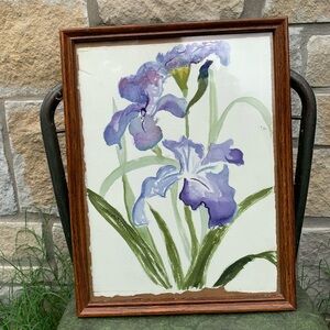 Watercolor Iris Painting Unsigned in Wood Frame